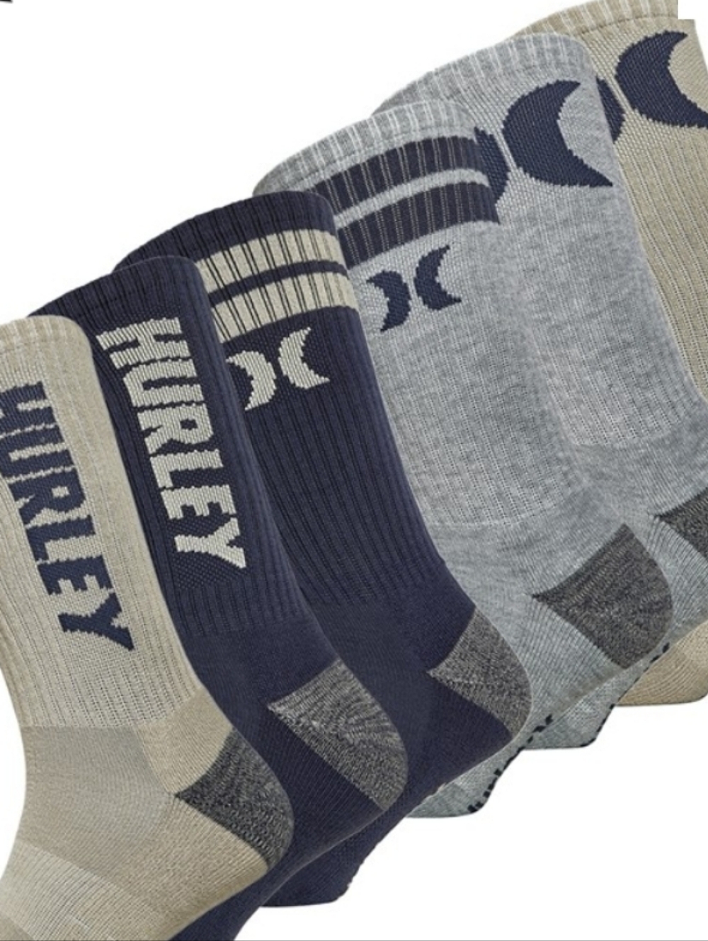 Hurley 6-Pack 1/2 Terry Crew Socks - Light Beige/Navy